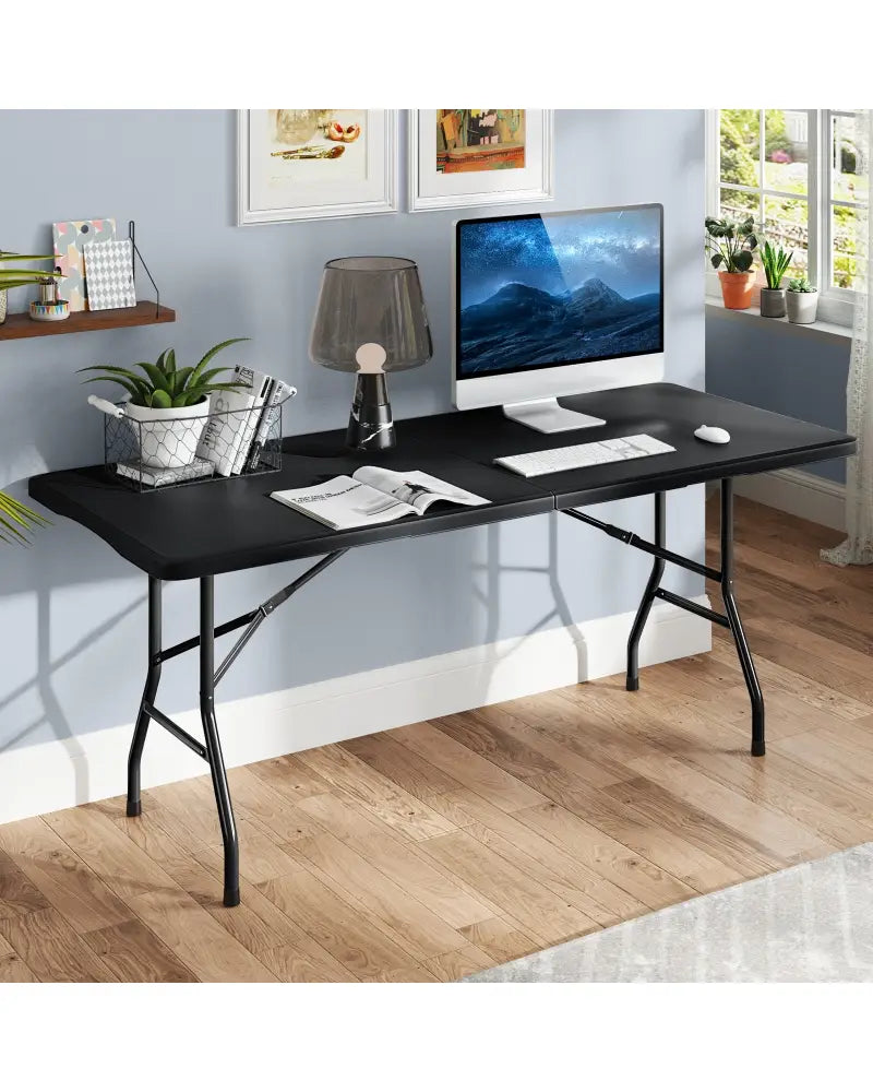 6 ft Portable Folding Table 350 LBS Fold-in-Half Table with HDPE Tabletop-Black - Black - Camping Furniture