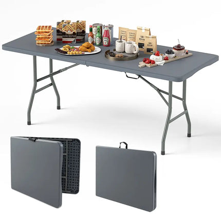 6 ft Portable Folding Table 350 LBS Fold-in-Half Table with HDPE Tabletop-Gray - Gray - Camping Furniture