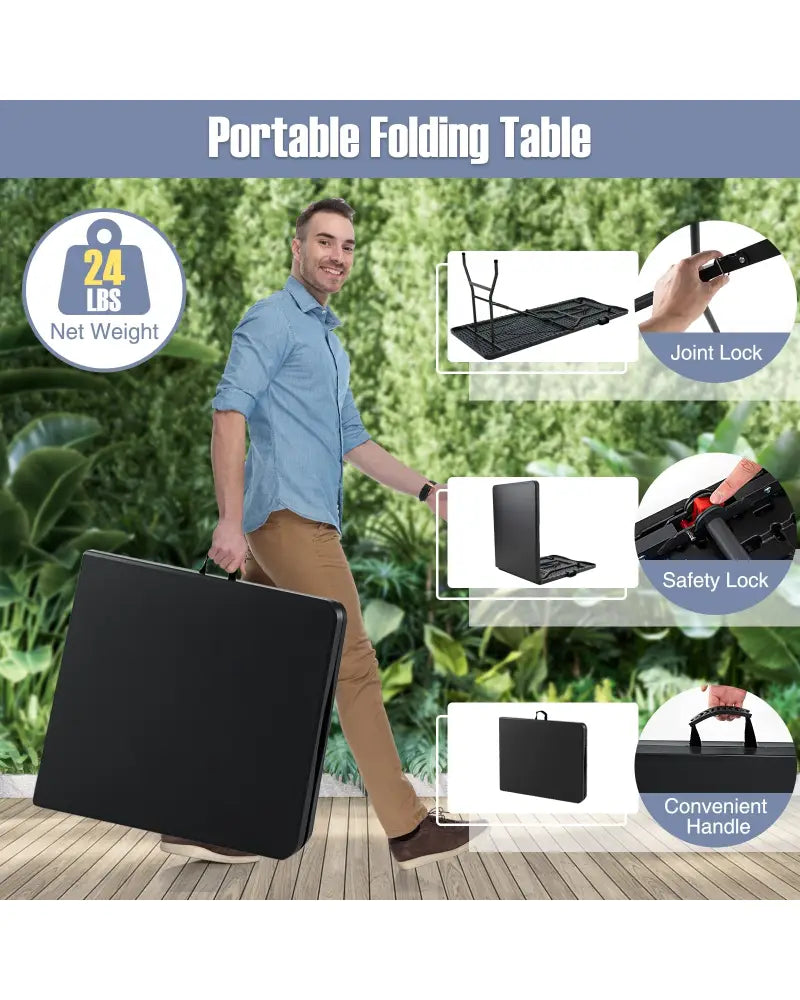 6 ft Portable Folding Table 350 LBS Fold-in-Half Table with HDPE Tabletop-Black - Black - Camping Furniture