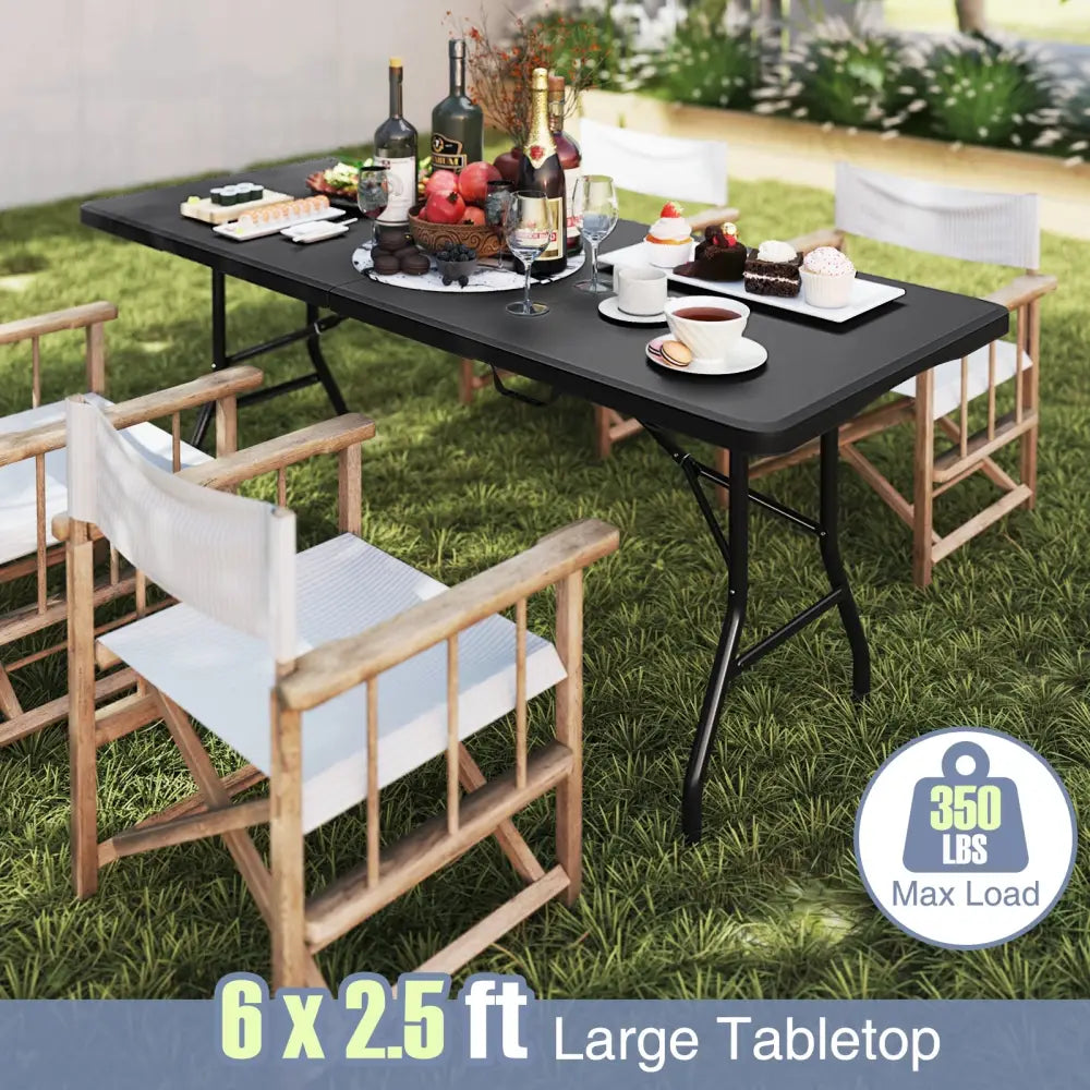 6 ft Portable Folding Table 350 LBS Fold-in-Half Table with HDPE Tabletop-Black - Black - Camping Furniture
