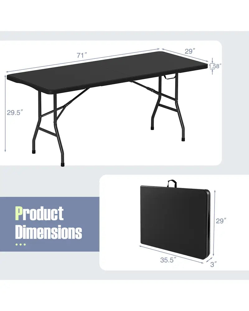 6 ft Portable Folding Table 350 LBS Fold-in-Half Table with HDPE Tabletop-Black - Black - Camping Furniture