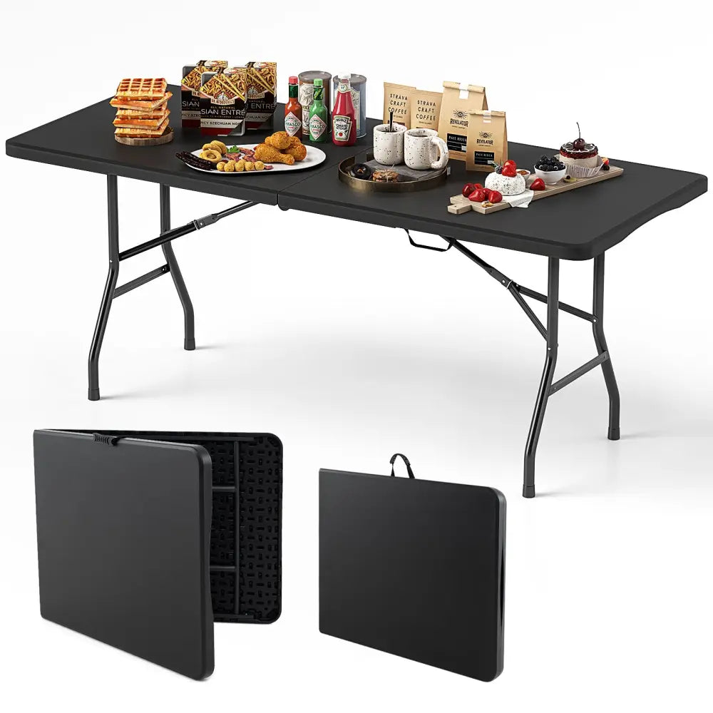 6 ft Portable Folding Table 350 LBS Fold-in-Half Table with HDPE Tabletop-Black - Black - Camping Furniture