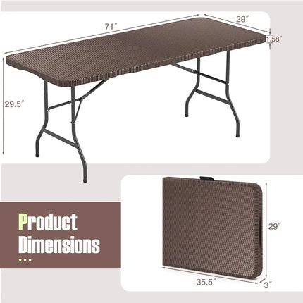 6 ft Portable Folding Table with Rattan-Like HDPE Tabletop and Safe Lock Mechanism-Brown - Brown - Picnic Tables