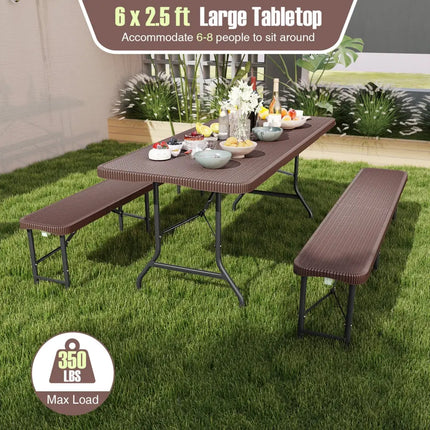 6 ft Portable Folding Table with Rattan-Like HDPE Tabletop and Safe Lock Mechanism-Brown - Brown - Picnic Tables