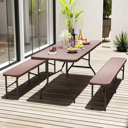 6 ft Portable Folding Table with Rattan-Like HDPE Tabletop and Safe Lock Mechanism-Brown - Brown - Picnic Tables