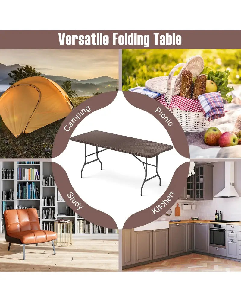 6 ft Portable Folding Table with Rattan-Like HDPE Tabletop and Safe Lock Mechanism-Brown - Brown - Picnic Tables