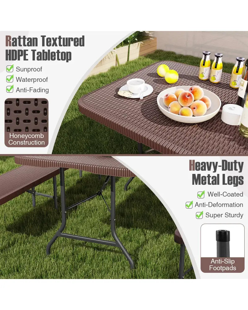 6 ft Portable Folding Table with Rattan-Like HDPE Tabletop and Safe Lock Mechanism-Brown - Brown - Picnic Tables