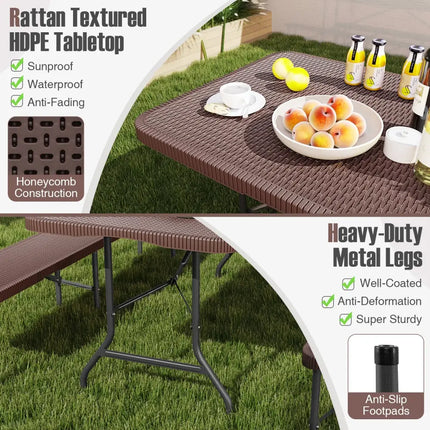 6 ft Portable Folding Table with Rattan-Like HDPE Tabletop and Safe Lock Mechanism-Brown - Brown - Picnic Tables