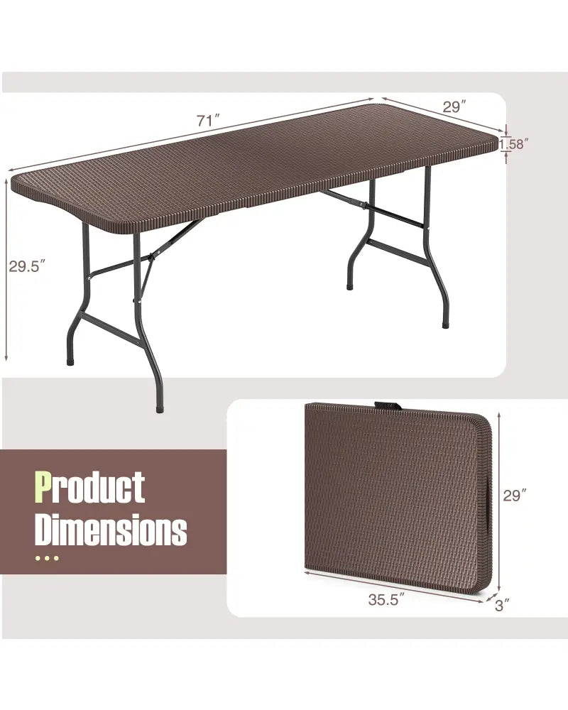 6 ft Portable Folding Table with Rattan-Like HDPE Tabletop and Safe Lock Mechanism-Brown - Brown - Picnic Tables