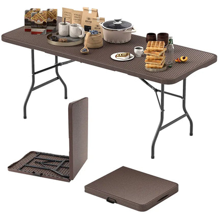 6 ft Portable Folding Table with Rattan-Like HDPE Tabletop and Safe Lock Mechanism-Brown - Brown - Picnic Tables