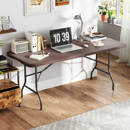 6 ft Portable Folding Table with Rattan-Like HDPE Tabletop and Safe Lock Mechanism-Brown - Brown - Picnic Tables