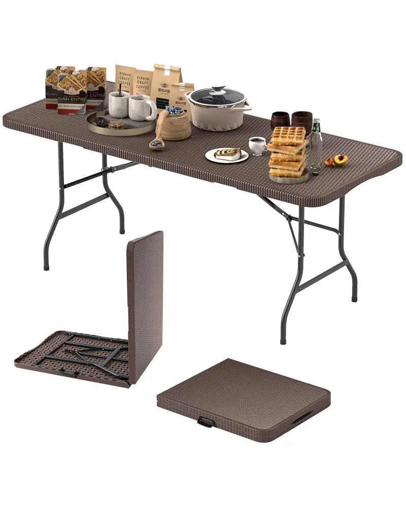 6 ft Portable Folding Table with Rattan-Like HDPE Tabletop and Safe Lock Mechanism-Brown - Brown - Picnic Tables