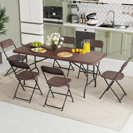 6 ft Portable Folding Table with Rattan-Like HDPE Tabletop and Safe Lock Mechanism-Brown - Brown - Picnic Tables