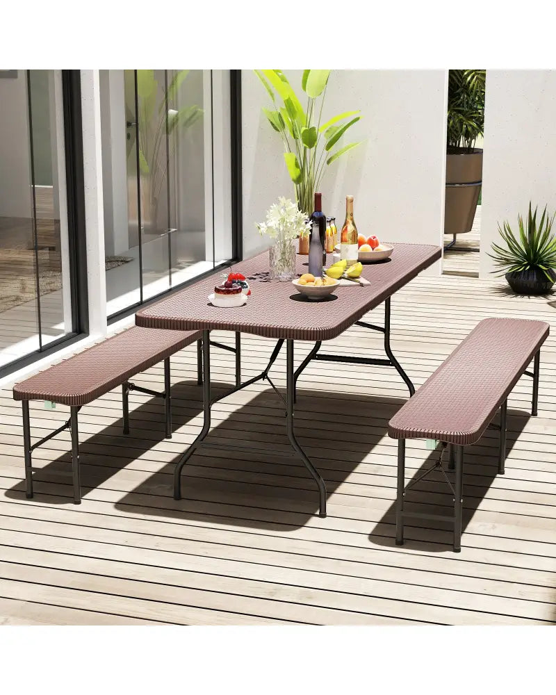 6 ft Portable Folding Table with Rattan-Like HDPE Tabletop and Safe Lock Mechanism-Brown - Brown - Picnic Tables