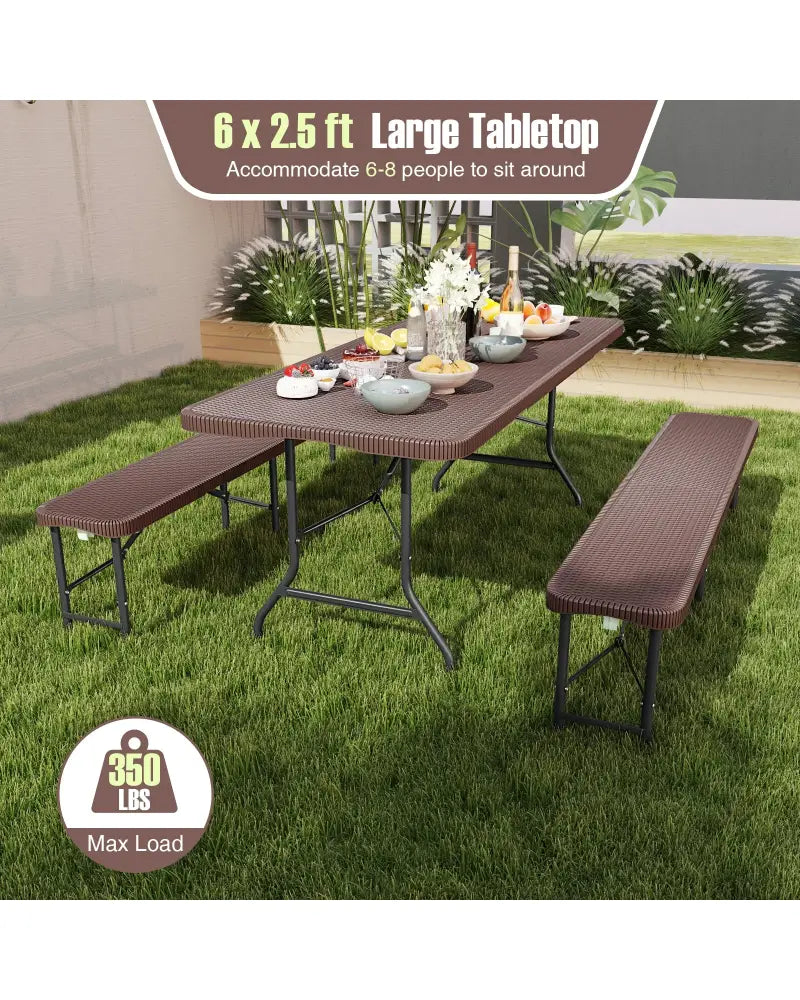 6 ft Portable Folding Table with Rattan-Like HDPE Tabletop and Safe Lock Mechanism-Brown - Brown - Picnic Tables