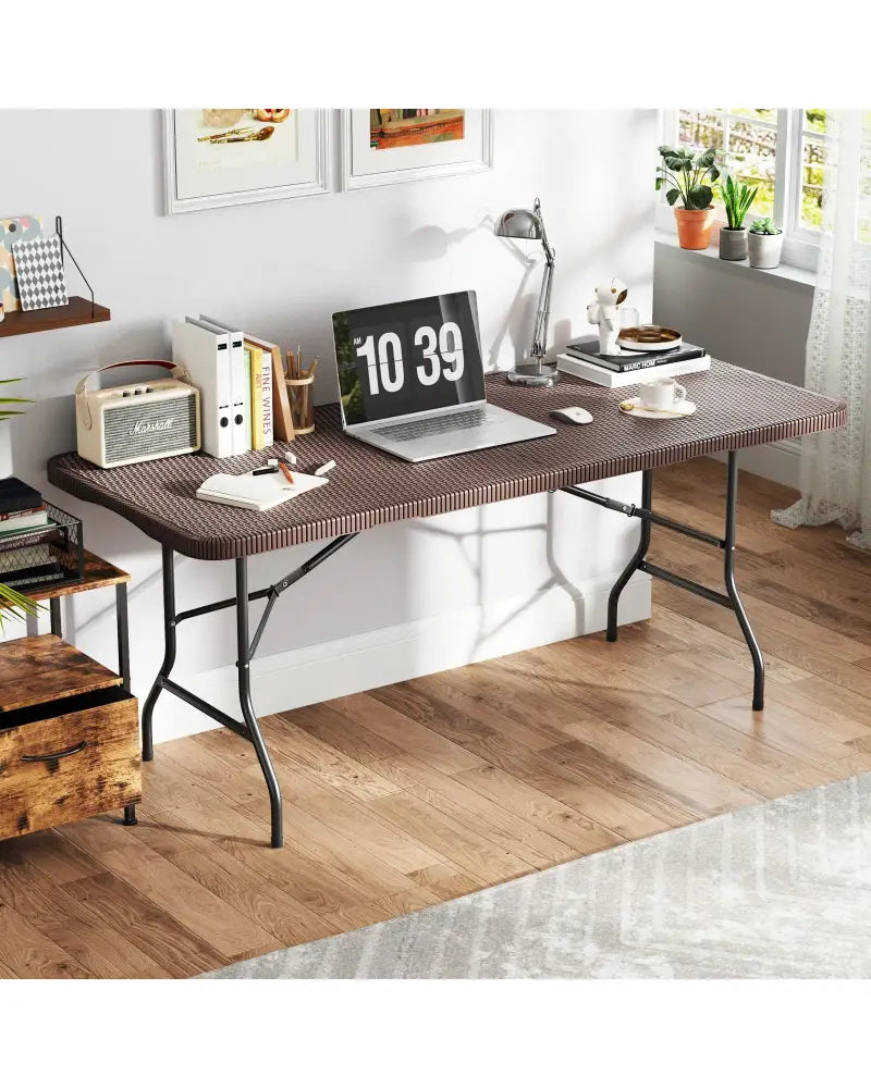 6 ft Portable Folding Table with Rattan-Like HDPE Tabletop and Safe Lock Mechanism-Brown - Brown - Picnic Tables