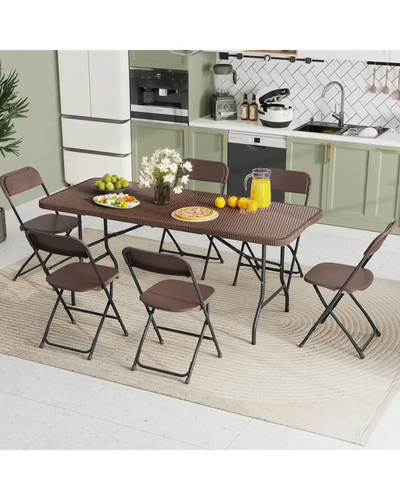 6 ft Portable Folding Table with Rattan-Like HDPE Tabletop and Safe Lock Mechanism-Brown - Brown - Picnic Tables