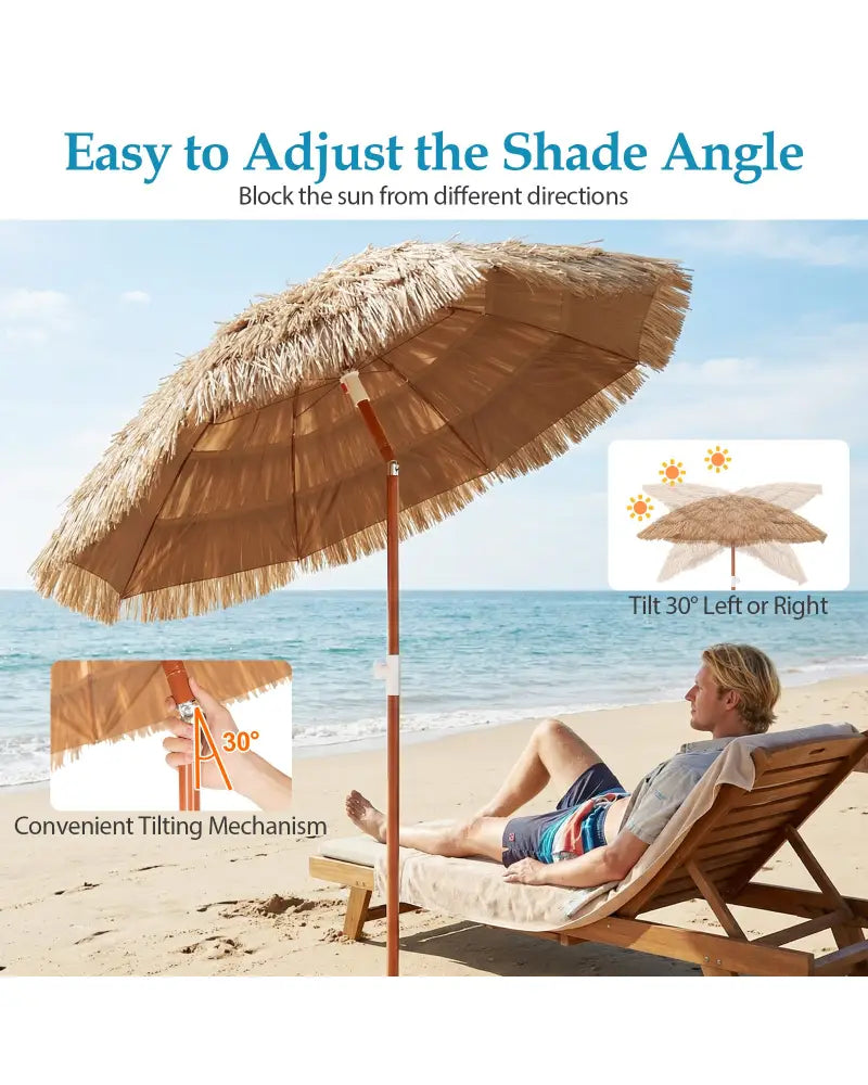 6 FT Thatched Beach Umbrella with Push Button Tilt Carrying Bag Set of 2-Natural - Natural - Outdoor Umbrellas