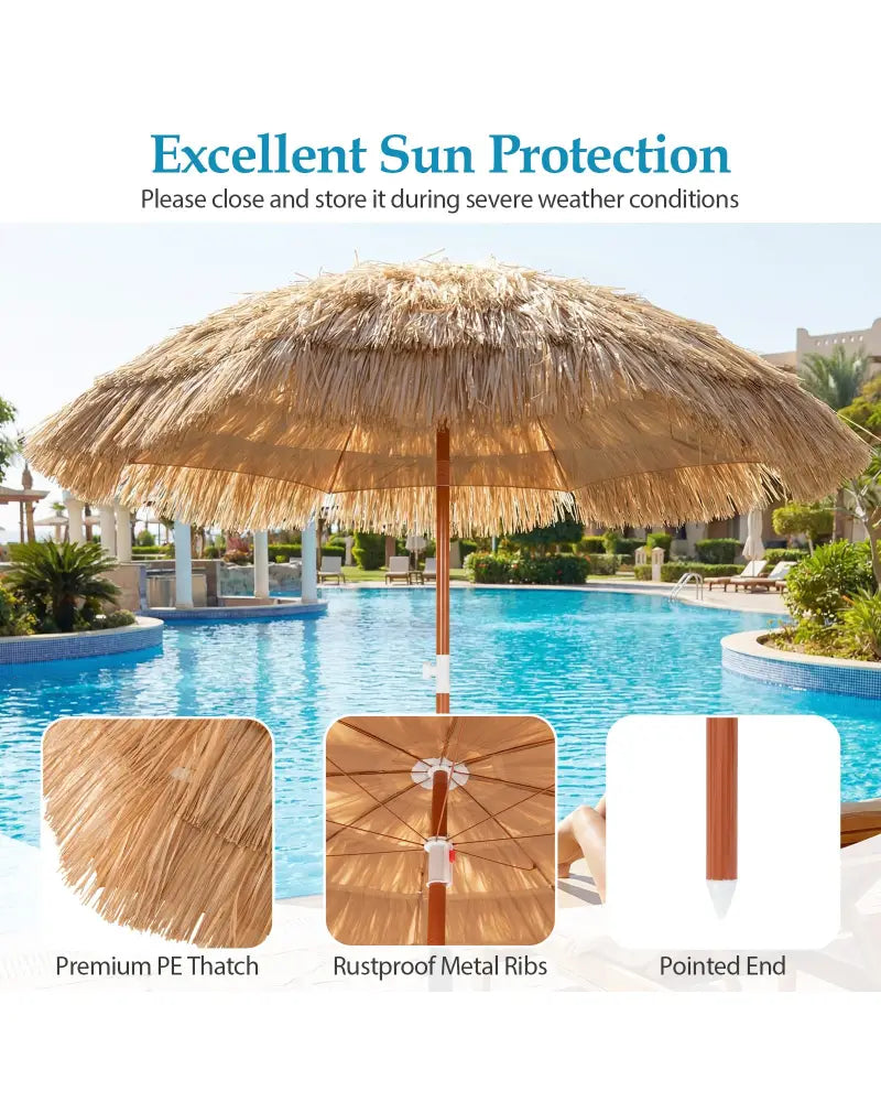 6 FT Thatched Beach Umbrella with Push Button Tilt Carrying Bag Set of 2-Natural - Natural - Outdoor Umbrellas