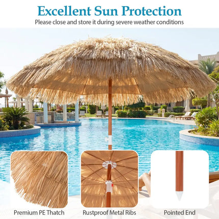6 FT Thatched Beach Umbrella with Push Button Tilt Carrying Bag Set of 2-Natural - Natural - Outdoor Umbrellas