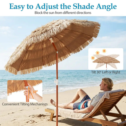 6 FT Thatched Beach Umbrella with Push Button Tilt Carrying Bag Set of 2-Natural - Natural - Outdoor Umbrellas