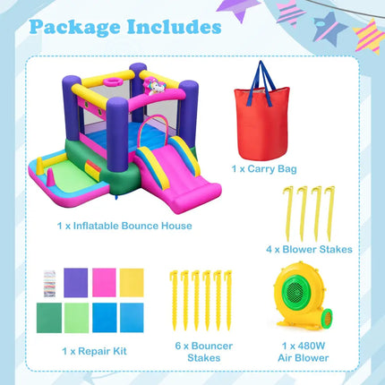 6-in-1 Bouncy Castle Inflatable Bounce House with Slide and Ball Pit with 480W Blower - Multicolor - Bounce House
