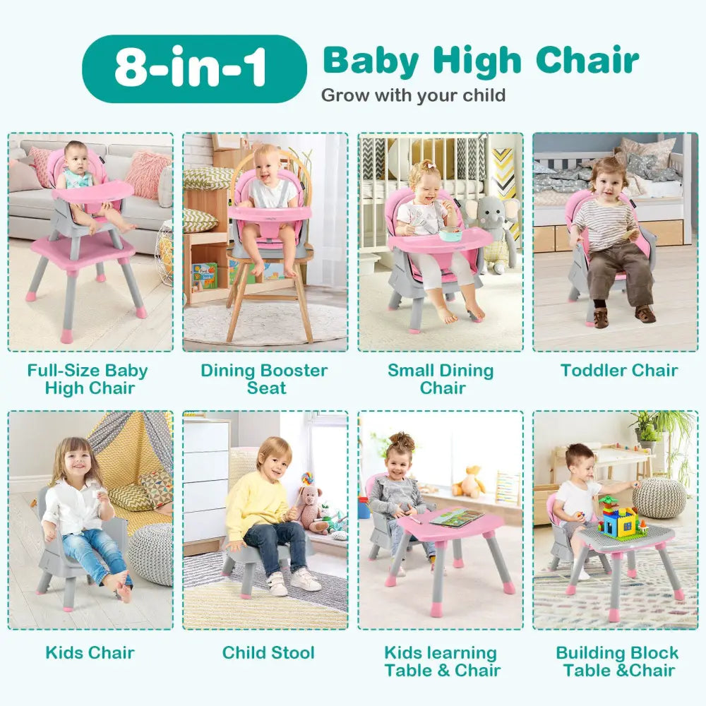 6-in-1 Convertible Baby High Chair with Adjustable Removable Tray-Pink - Pink - High Chairs