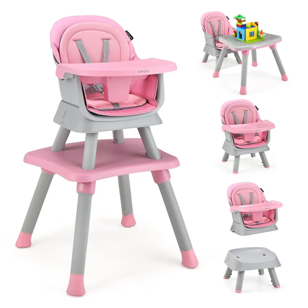 6-in-1 Convertible Baby High Chair with Adjustable Removable Tray-Pink - Pink - High Chairs