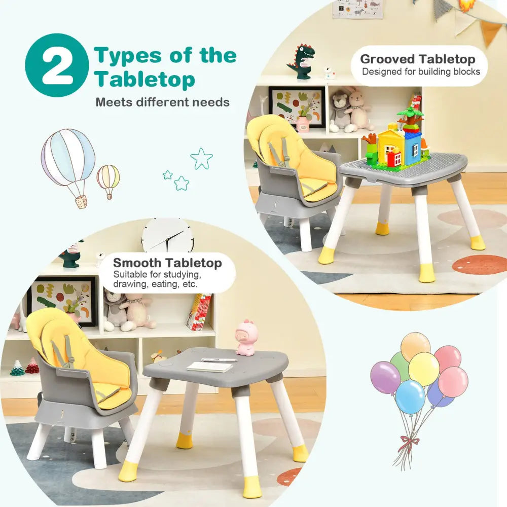 6-in-1 Convertible Baby High Chair with Adjustable Removable Tray-Yellow - Yellow - High Chairs
