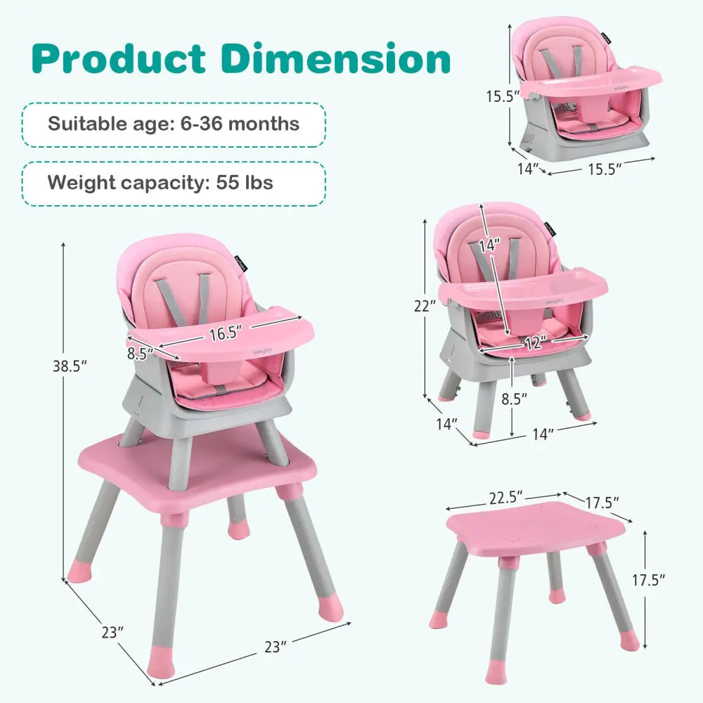 6-in-1 Convertible Baby High Chair with Adjustable Removable Tray-Pink - Pink - High Chairs