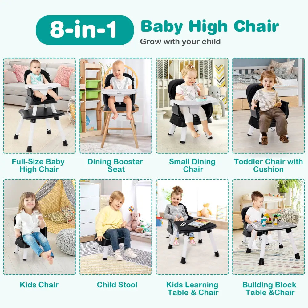 6-in-1 Convertible Baby High Chair with Adjustable Removable Tray-Black - Black - High Chairs