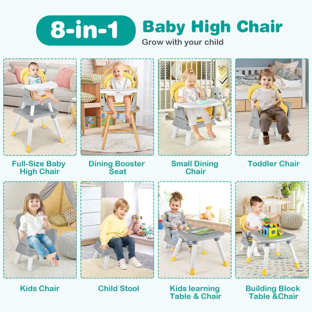 6-in-1 Convertible Baby High Chair with Adjustable Removable Tray-Yellow - Yellow - High Chairs