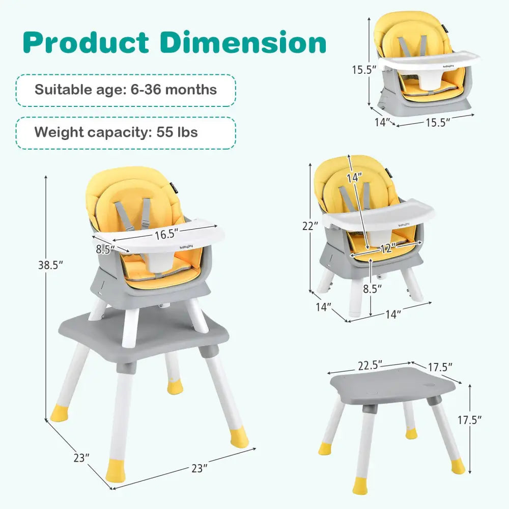 6-in-1 Convertible Baby High Chair with Adjustable Removable Tray-Yellow - Yellow - High Chairs