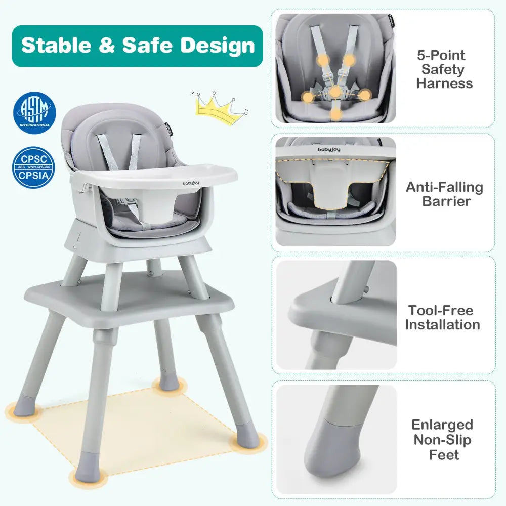 6-in-1 Convertible Baby High Chair with Adjustable Removable Tray-Gray - Gray - High Chairs