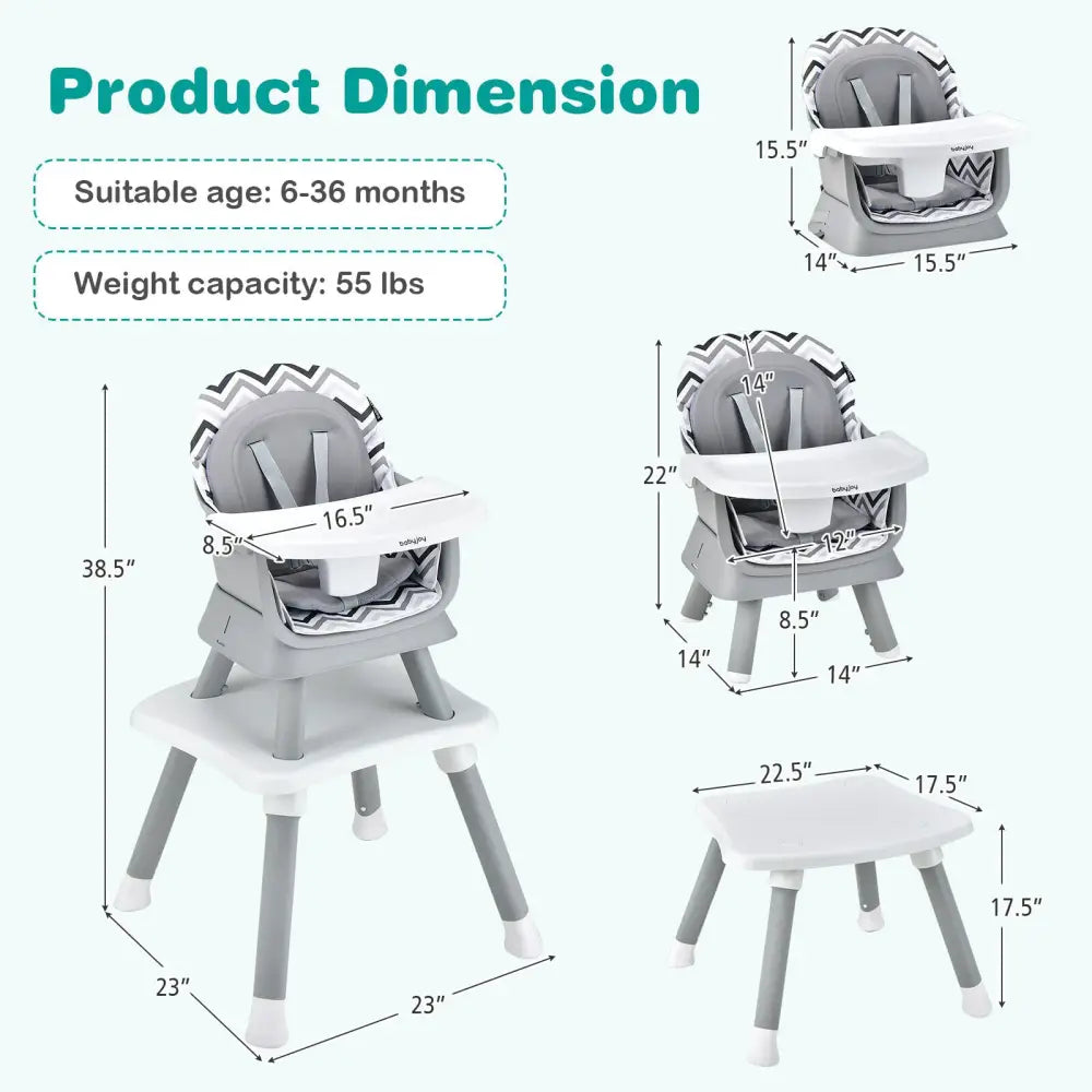 6-in-1 Convertible Baby High Chair with Adjustable Removable Tray-Gray & White - Gray & White - High Chairs