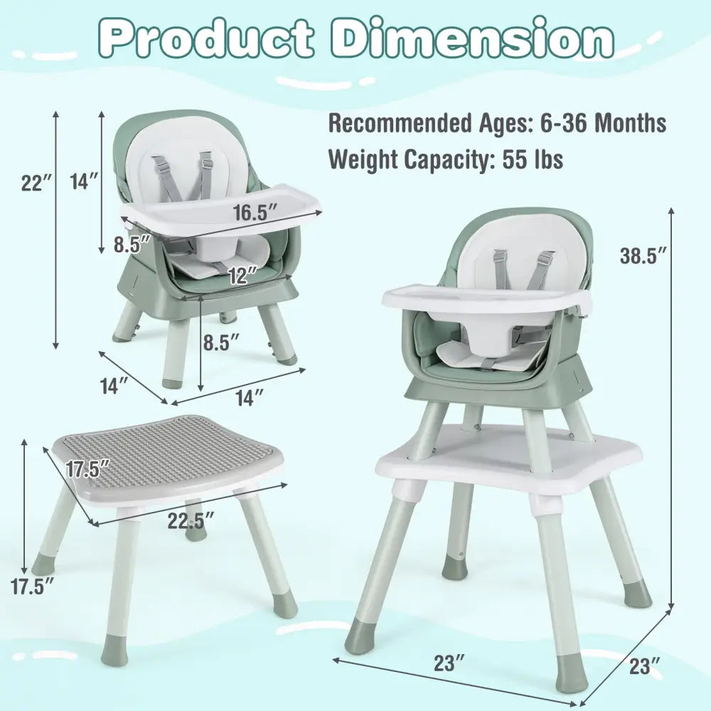6-in-1 Convertible Baby High Chair with Adjustable Removable Tray-Green - Green - High Chairs