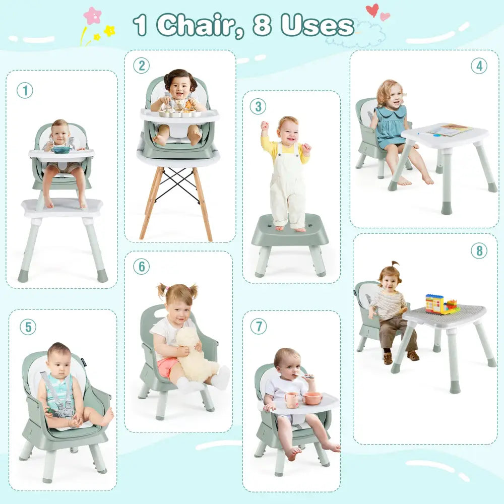 6-in-1 Convertible Baby High Chair with Adjustable Removable Tray-Green - Green - High Chairs