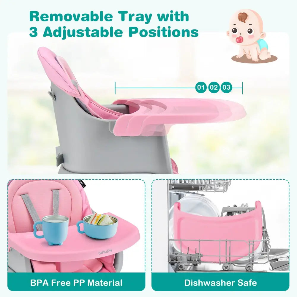 6-in-1 Convertible Baby High Chair with Adjustable Removable Tray-Pink - Pink - High Chairs