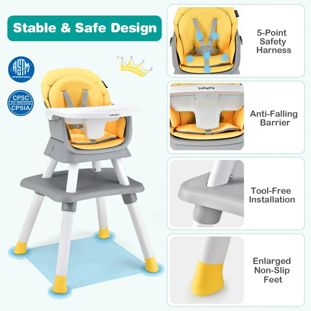 6-in-1 Convertible Baby High Chair with Adjustable Removable Tray-Yellow - Yellow - High Chairs