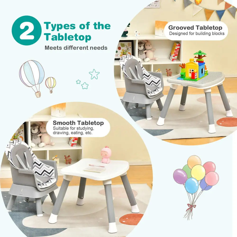 6-in-1 Convertible Baby High Chair with Adjustable Removable Tray-Gray & White - Gray & White - High Chairs