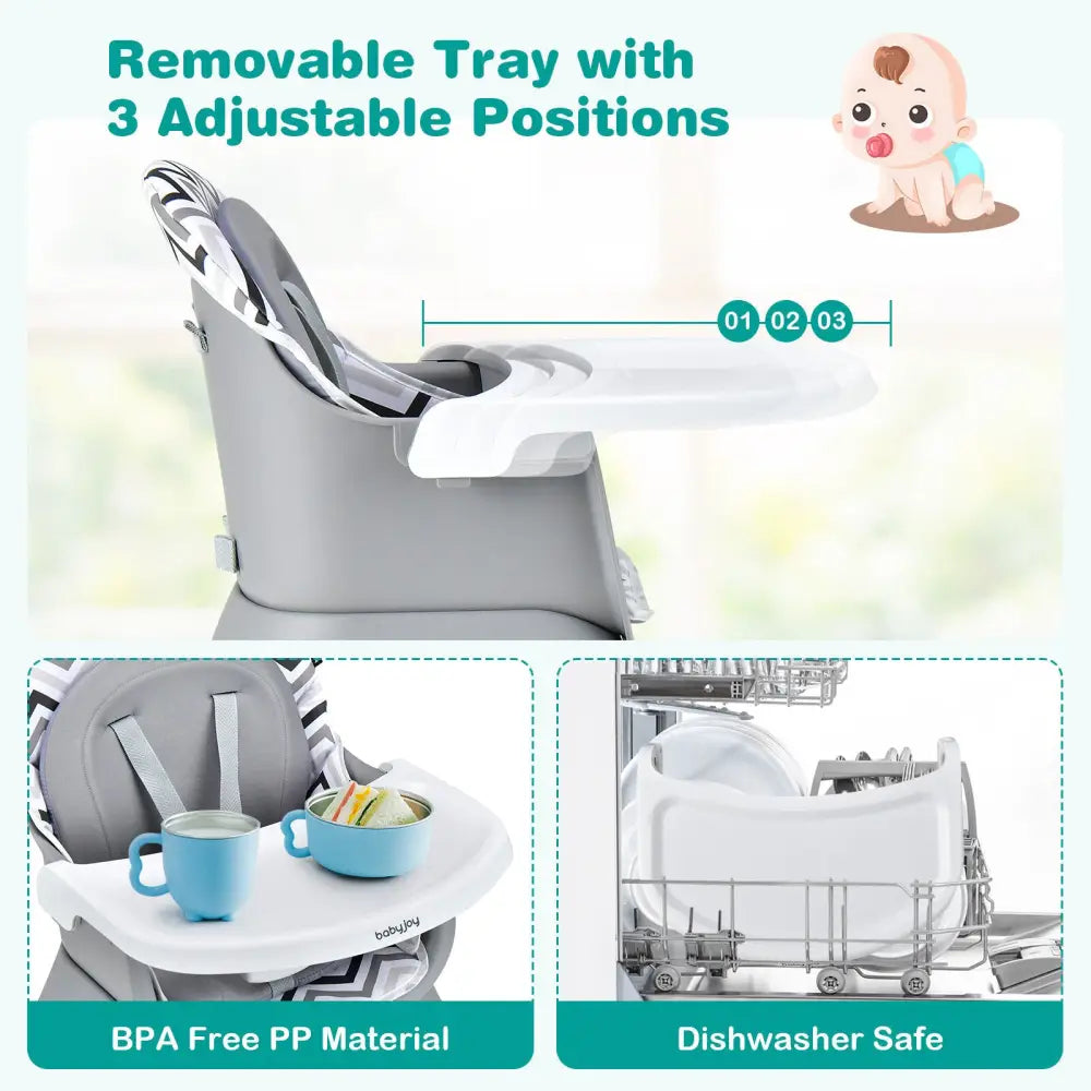6-in-1 Convertible Baby High Chair with Adjustable Removable Tray-Gray & White - Gray & White - High Chairs