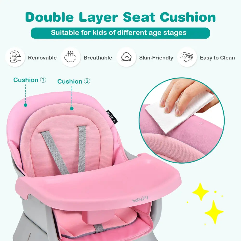 6-in-1 Convertible Baby High Chair with Adjustable Removable Tray-Pink - Pink - High Chairs