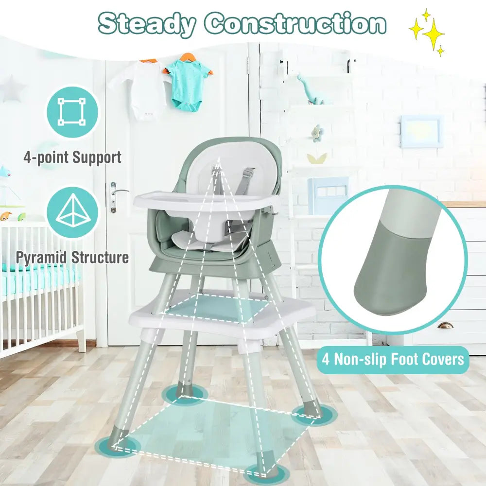 6-in-1 Convertible Baby High Chair with Adjustable Removable Tray-Green - Green - High Chairs