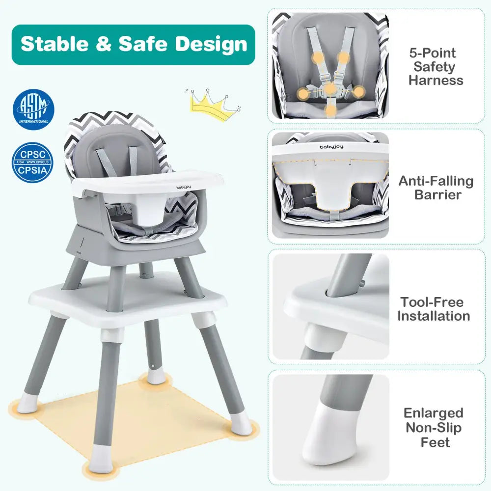 6-in-1 Convertible Baby High Chair with Adjustable Removable Tray-Gray & White - Gray & White - High Chairs