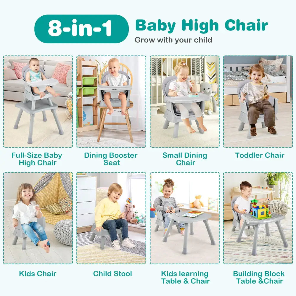 6-in-1 Convertible Baby High Chair with Adjustable Removable Tray-Gray - Gray - High Chairs
