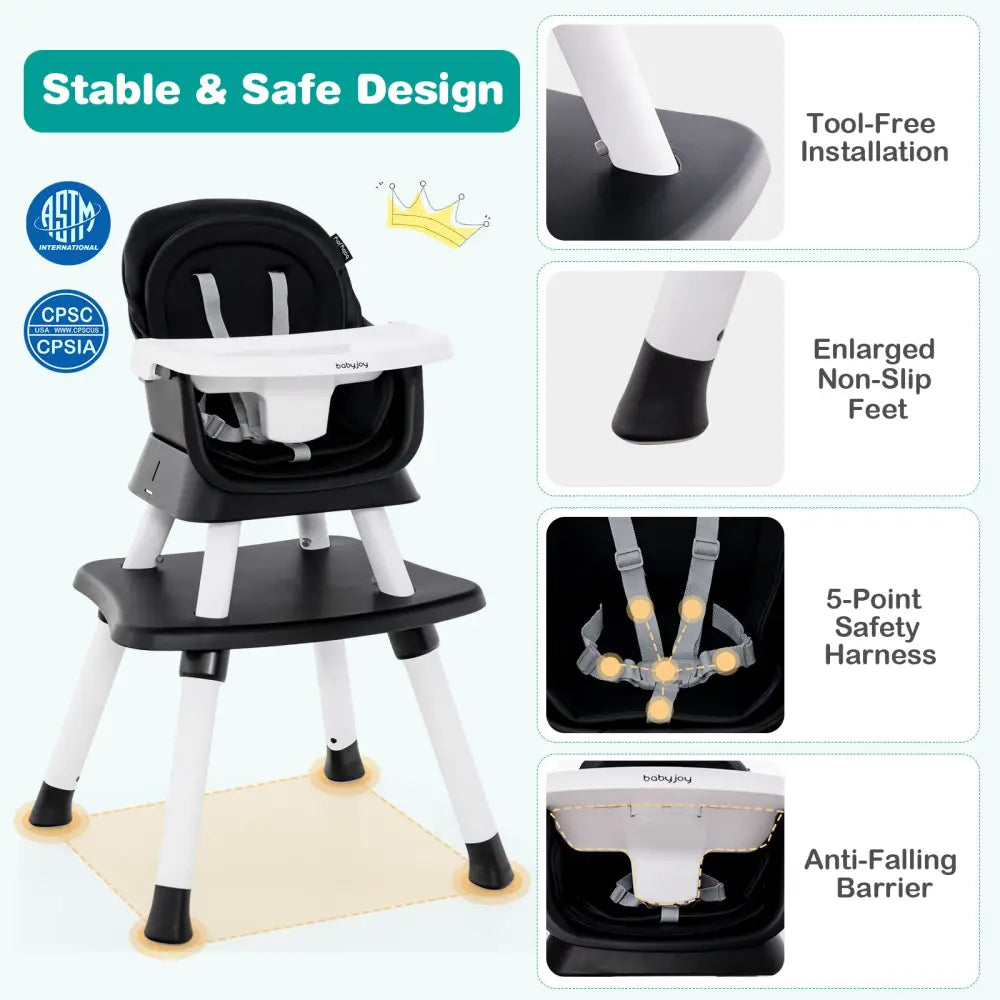 6-in-1 Convertible Baby High Chair with Adjustable Removable Tray-Black - Black - High Chairs