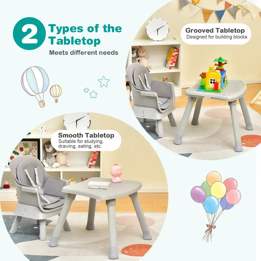 6-in-1 Convertible Baby High Chair with Adjustable Removable Tray-Gray - Gray - High Chairs