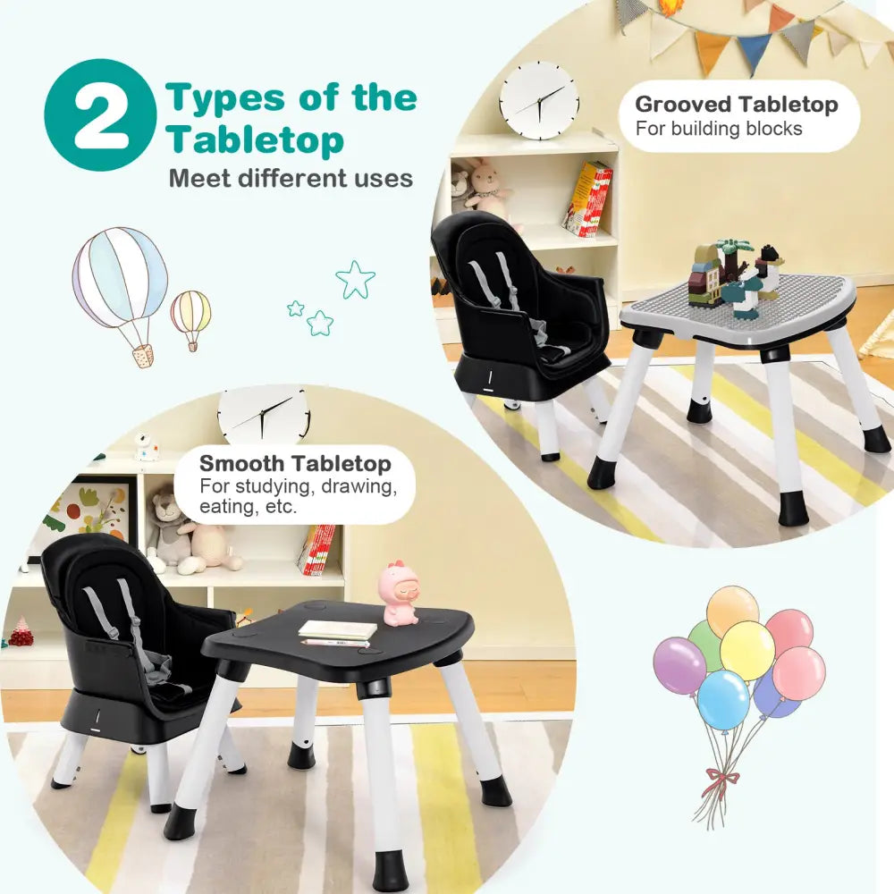 6-in-1 Convertible Baby High Chair with Adjustable Removable Tray-Black - Black - High Chairs