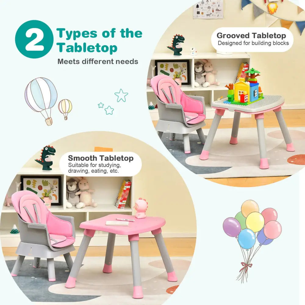 6-in-1 Convertible Baby High Chair with Adjustable Removable Tray-Pink - Pink - High Chairs