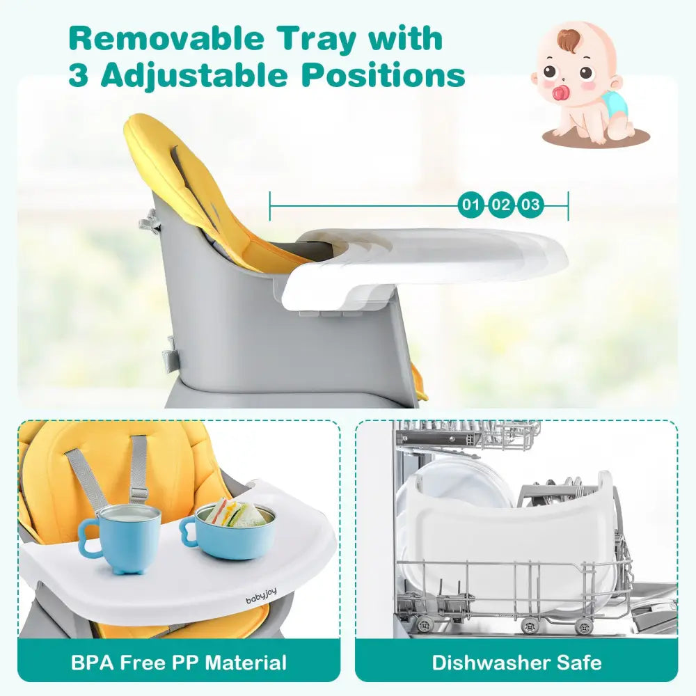 6-in-1 Convertible Baby High Chair with Adjustable Removable Tray-Yellow - Yellow - High Chairs